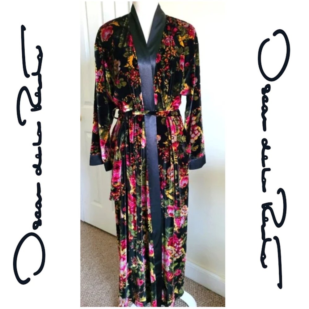 Oscar de la Renta Velour Long Robe with Pockets Floral Print Black Pink Size L